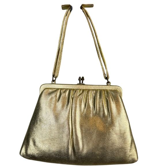 Vintage Allen Fine Gold Metallic Wristlet Purse Attached Coin Purse 50's Glam - Picture 2 of 8
